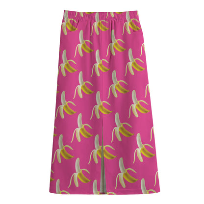 Pink Banana Pattern Print Cotton Front Slit Maxi Skirt