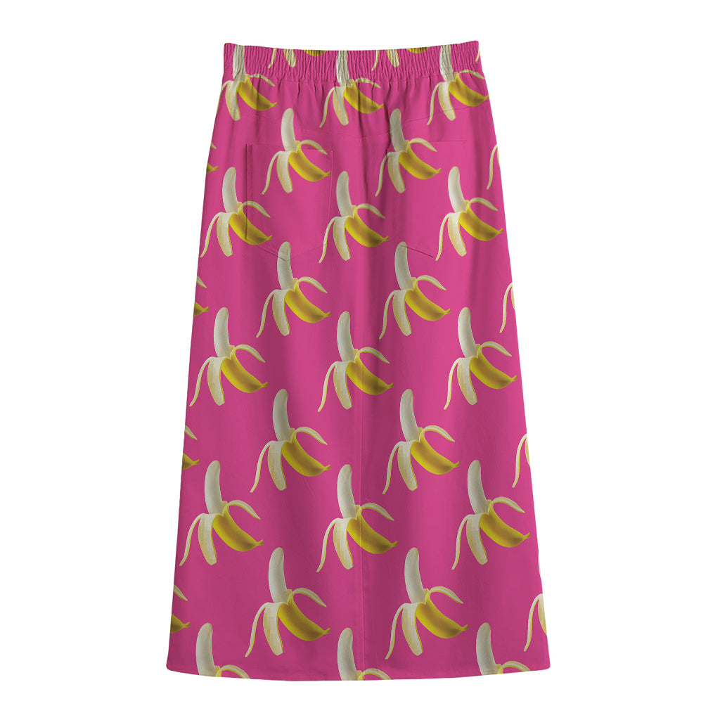 Pink Banana Pattern Print Cotton Front Slit Maxi Skirt