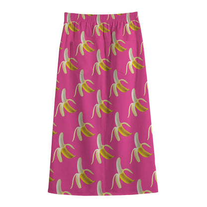 Pink Banana Pattern Print Cotton Front Slit Maxi Skirt