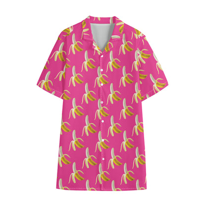Pink Banana Pattern Print Cotton Hawaiian Shirt