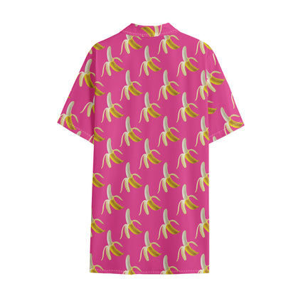 Pink Banana Pattern Print Cotton Hawaiian Shirt