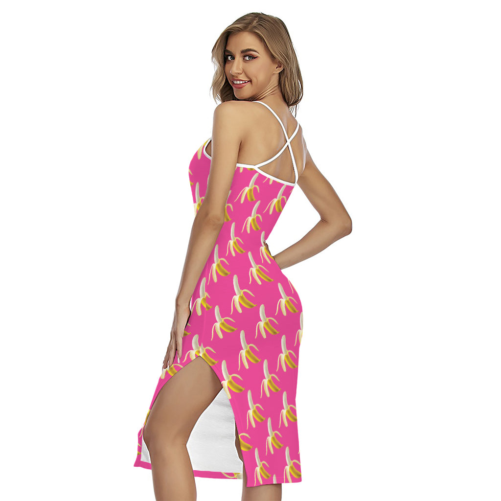 Pink Banana Pattern Print Cross Back Cami Dress