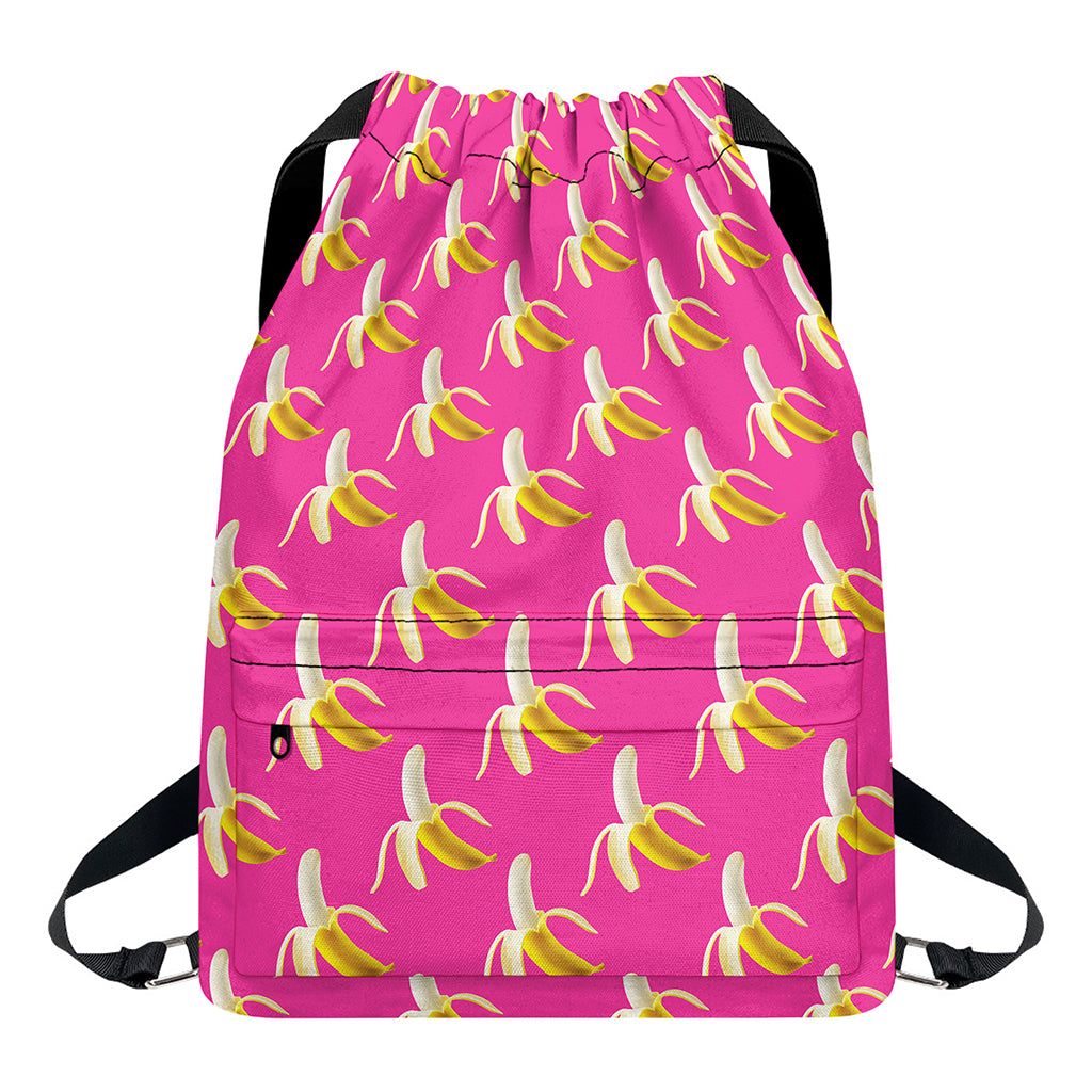 Pink Banana Pattern Print Drawstring Backpack