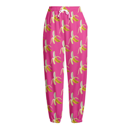Pink Banana Pattern Print Fleece Lined Knit Pants