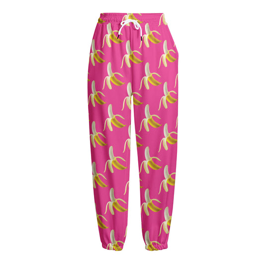 Pink Banana Pattern Print Fleece Lined Knit Pants