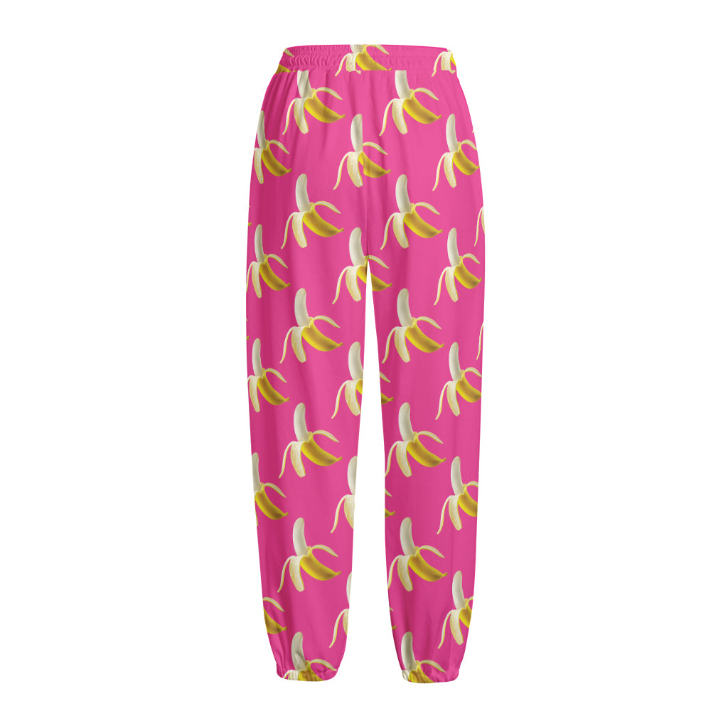 Pink Banana Pattern Print Fleece Lined Knit Pants