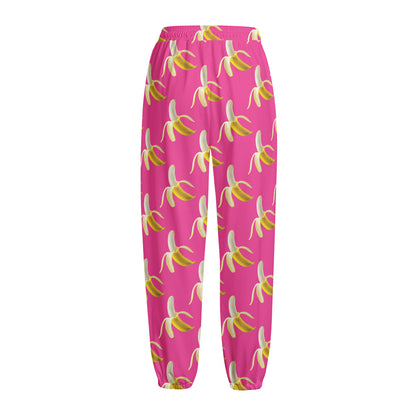 Pink Banana Pattern Print Fleece Lined Knit Pants
