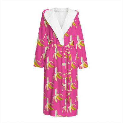 Pink Banana Pattern Print Hooded Bathrobe
