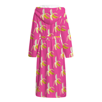 Pink Banana Pattern Print Hooded Bathrobe