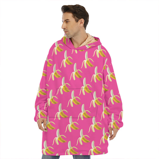 Pink Banana Pattern Print Hoodie Blanket