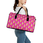Pink Banana Pattern Print Leather Duffle Bag