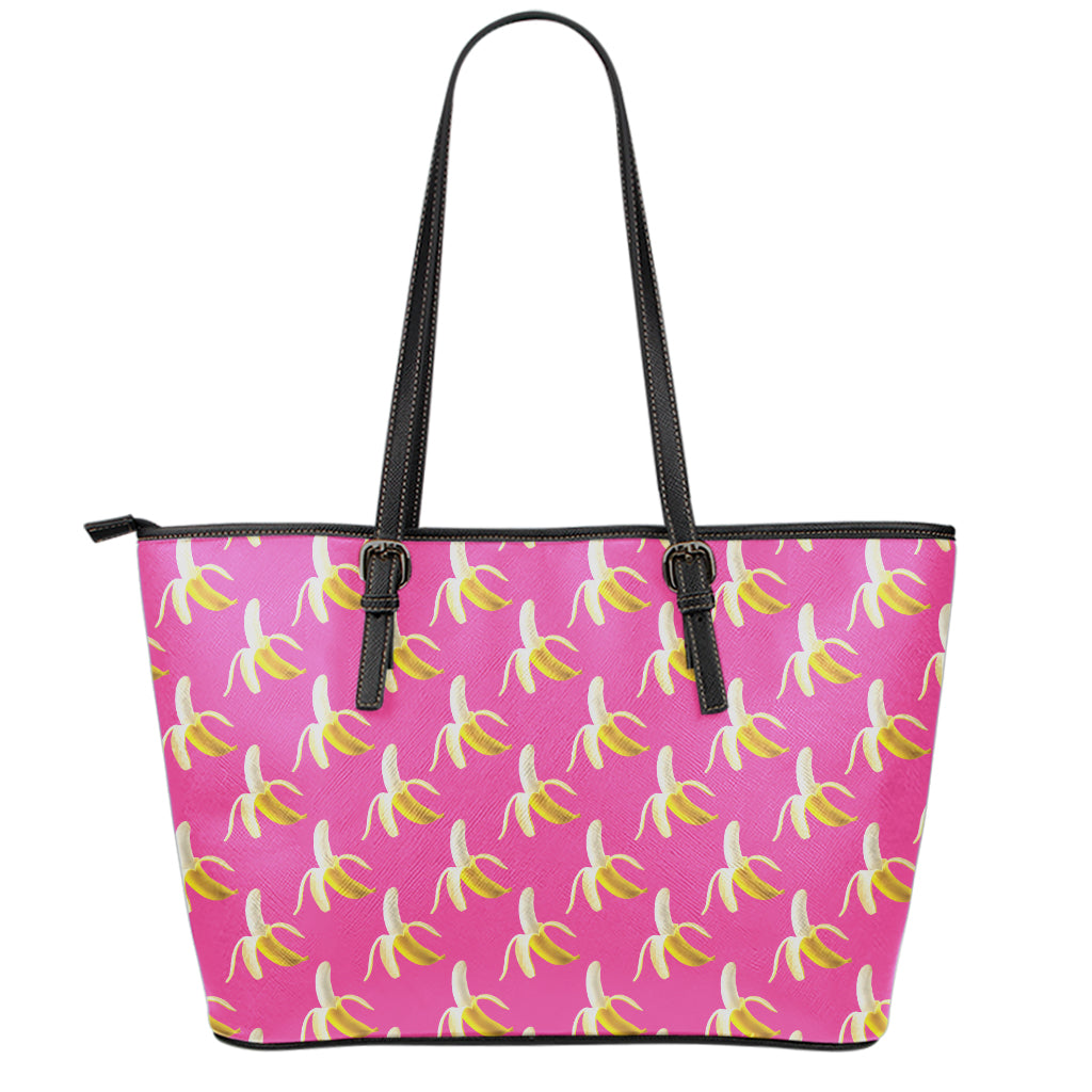 Pink Banana Pattern Print Leather Tote Bag