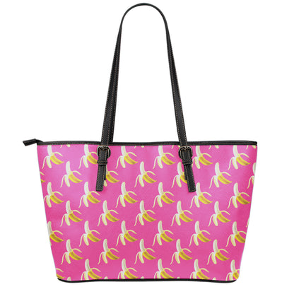 Pink Banana Pattern Print Leather Tote Bag