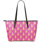 Pink Banana Pattern Print Leather Tote Bag