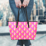 Pink Banana Pattern Print Leather Tote Bag