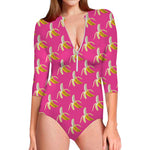 Pink Banana Pattern Print Long Sleeve Swimsuit