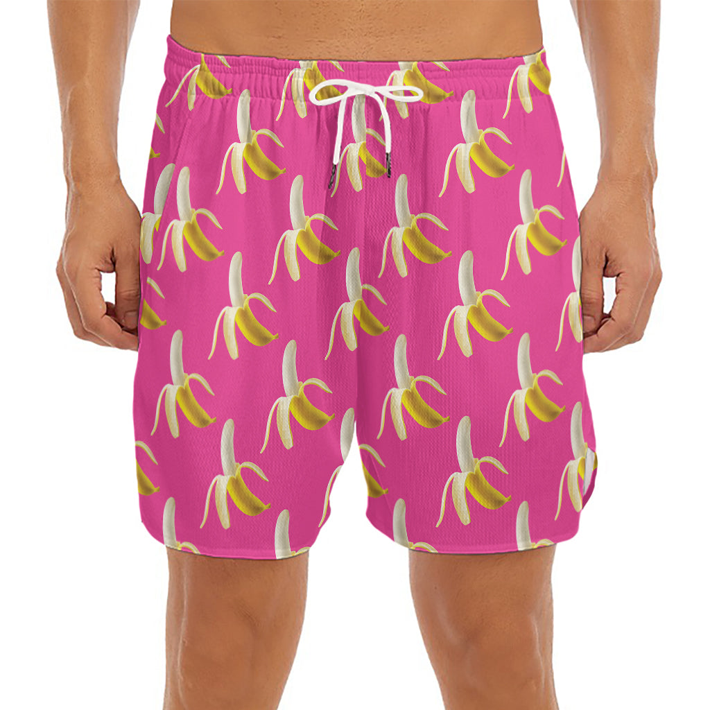 Pink Banana Pattern Print Men's Split Running Shorts