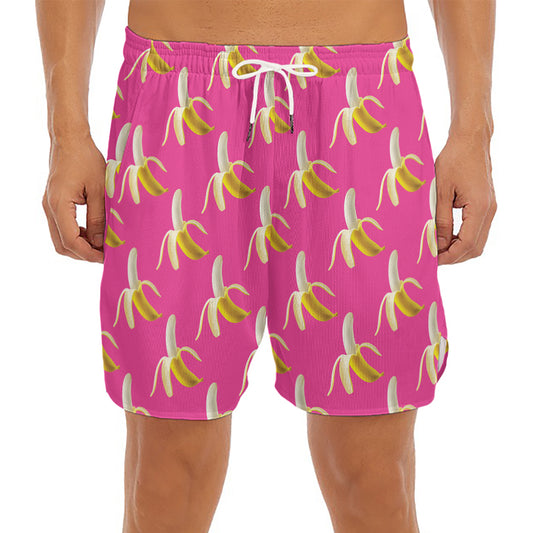 Pink Banana Pattern Print Men's Split Running Shorts