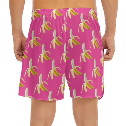 Pink Banana Pattern Print Men's Split Running Shorts