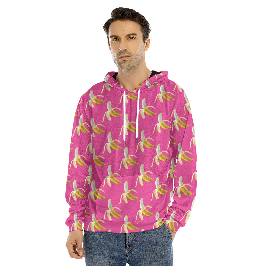 Pink Banana Pattern Print Men's Velvet Pullover Hoodie