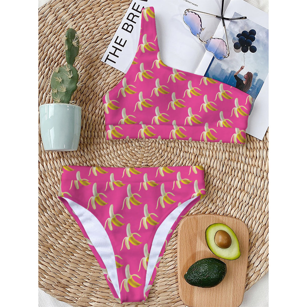 Pink Banana Pattern Print One Shoulder Bikini Top