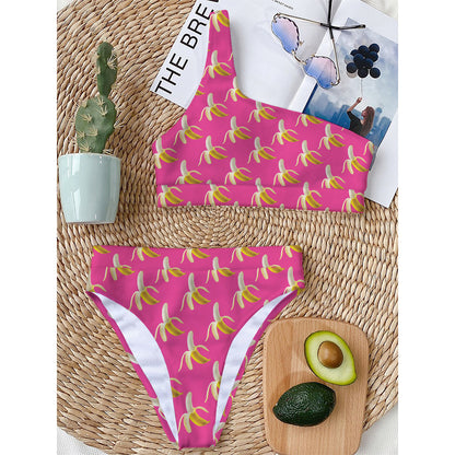 Pink Banana Pattern Print One Shoulder Bikini Top