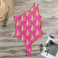 Pink Banana Pattern Print One Shoulder Bodysuit