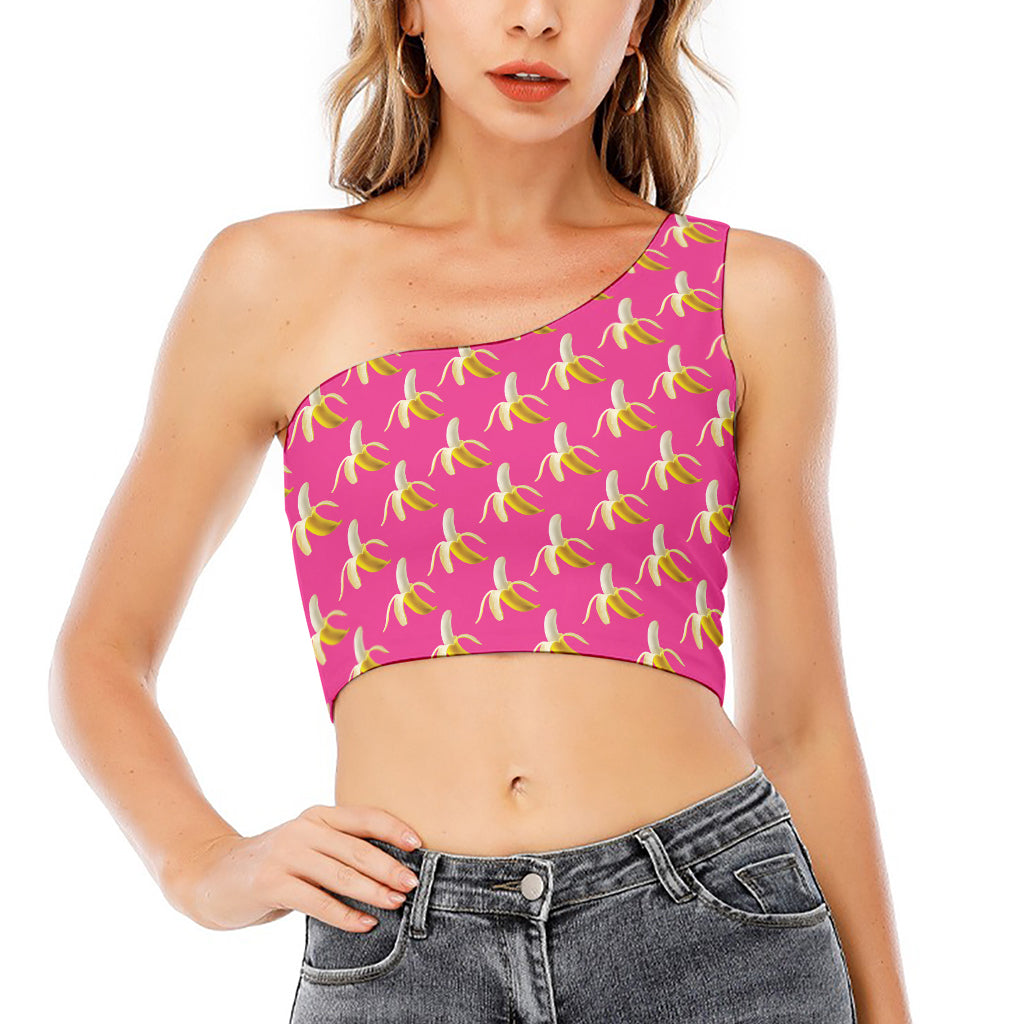 Pink Banana Pattern Print One Shoulder Crop Top