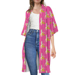 Pink Banana Pattern Print Open Front Beach Cover Up