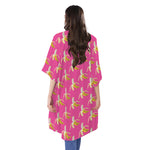 Pink Banana Pattern Print Open Front Beach Cover Up