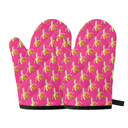 Pink Banana Pattern Print Oven Mitts