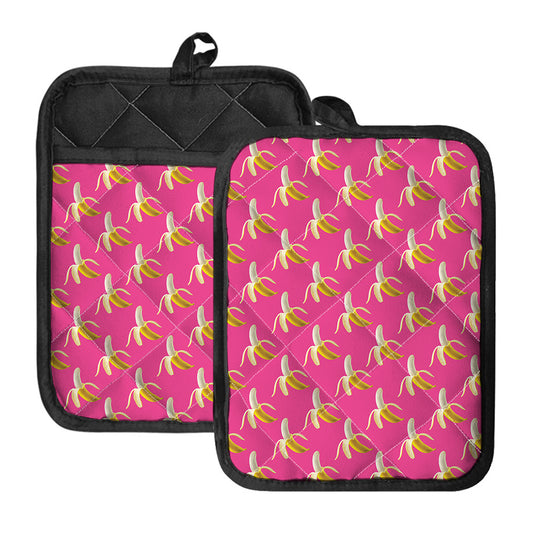 Pink Banana Pattern Print Pot Holders With Pocket