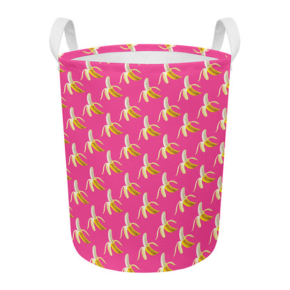 Pink Banana Pattern Print Round Laundry Basket