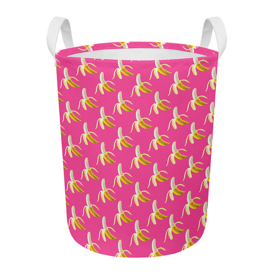Pink Banana Pattern Print Round Laundry Basket