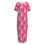 Pink Banana Pattern Print Short Sleeve Long Nightdress