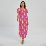 Pink Banana Pattern Print Short Sleeve Maxi Dress