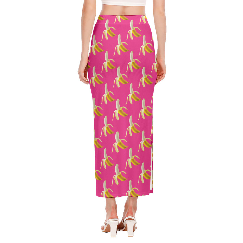 Pink Banana Pattern Print Side Slit Maxi Skirt