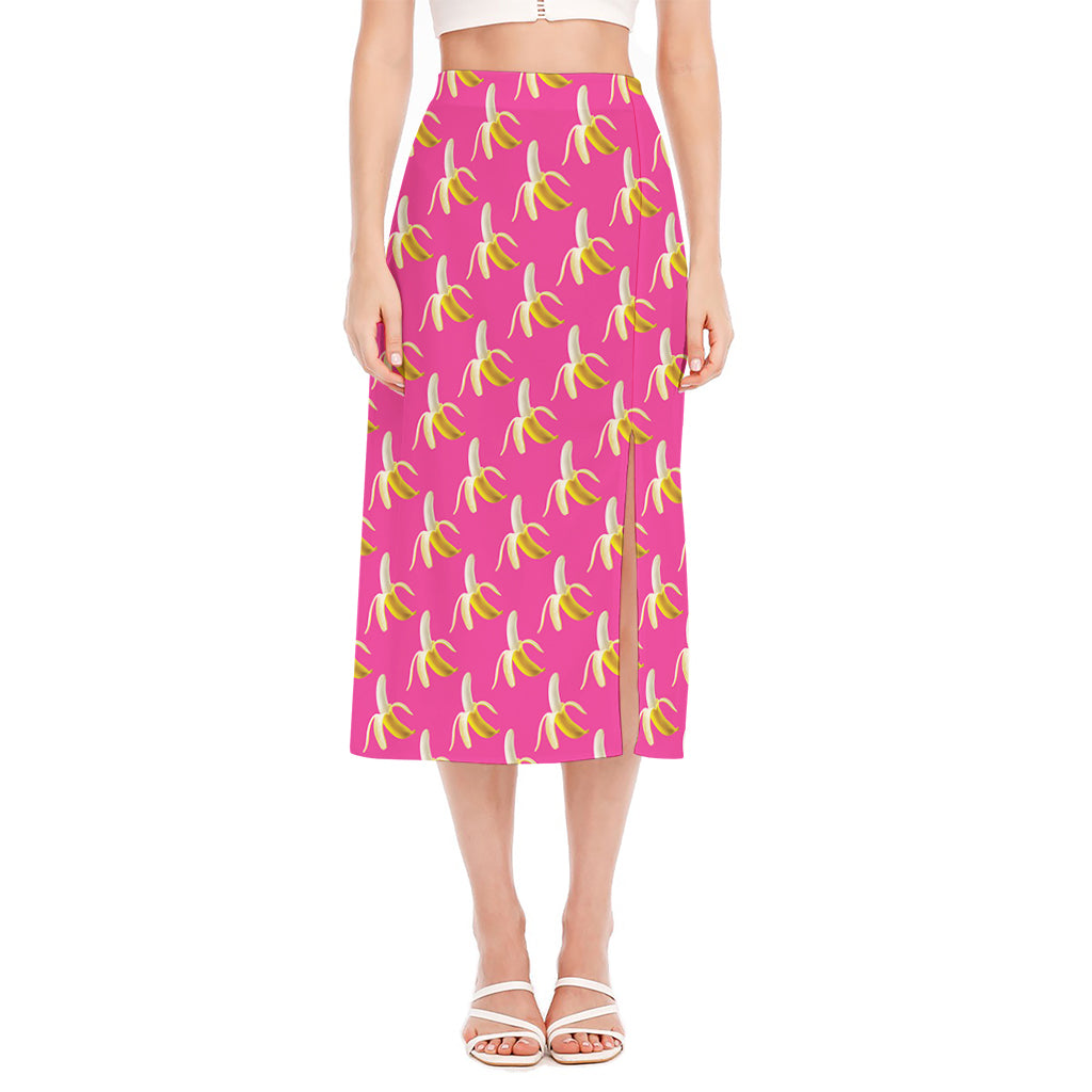 Pink Banana Pattern Print Side Slit Midi Skirt