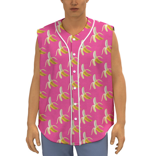 Pink Banana Pattern Print Sleeveless Baseball Jersey