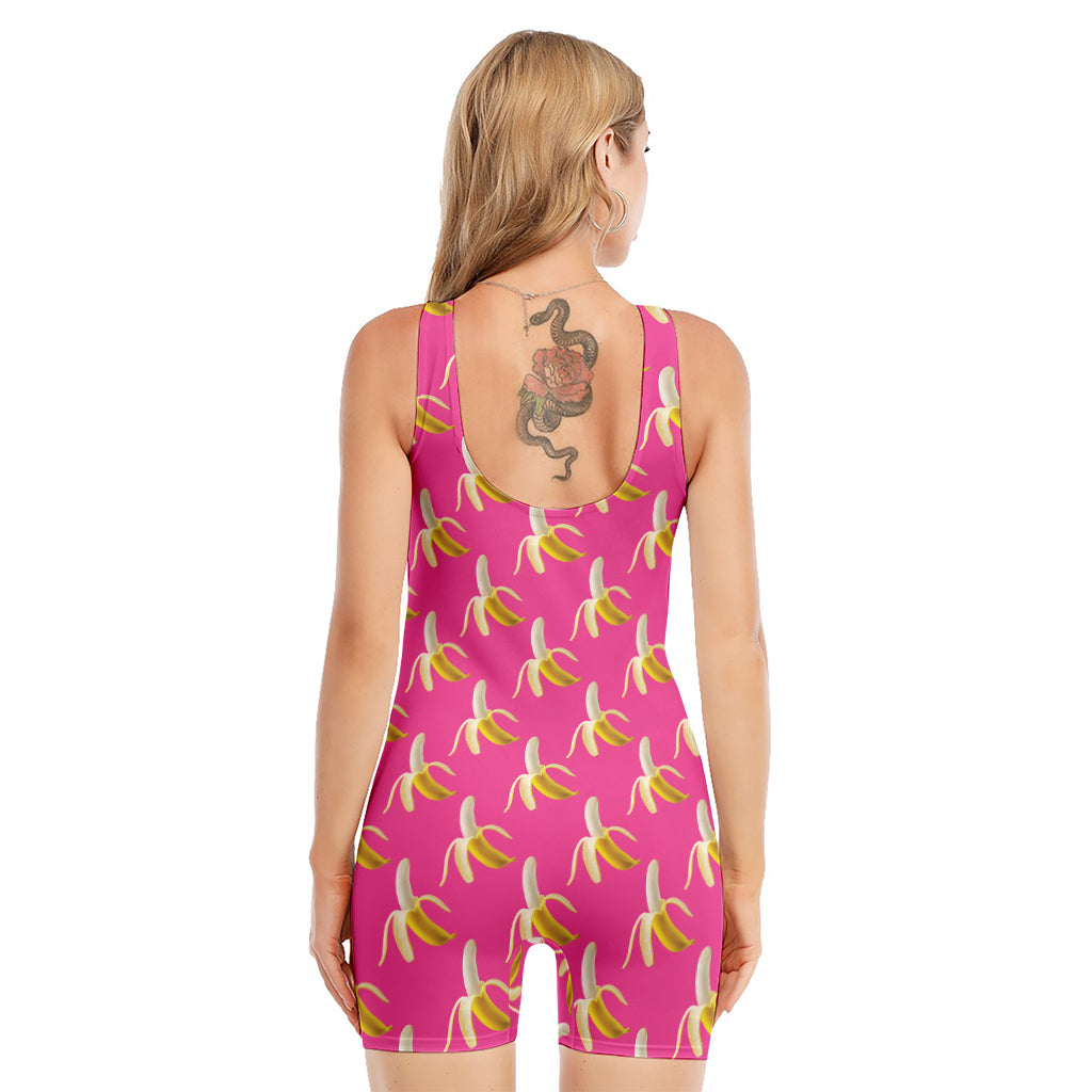 Pink Banana Pattern Print Sleeveless One Piece Swimsuit
