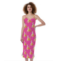 Pink Banana Pattern Print Slim Fit Midi Cami Dress