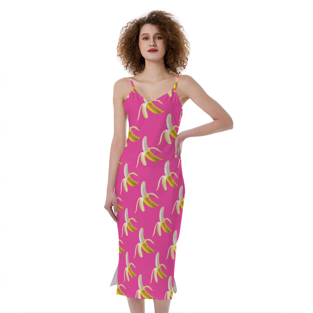Pink Banana Pattern Print Slim Fit Midi Cami Dress