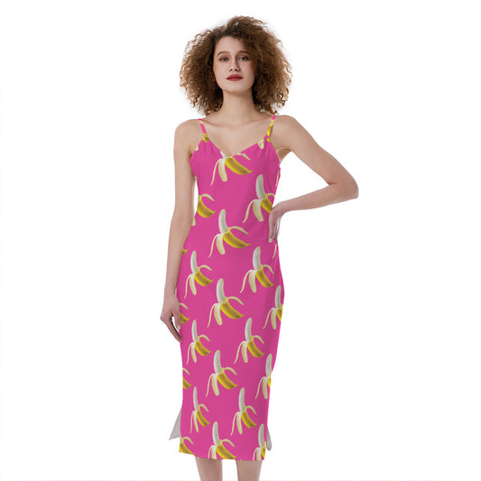 Pink Banana Pattern Print Slim Fit Midi Cami Dress