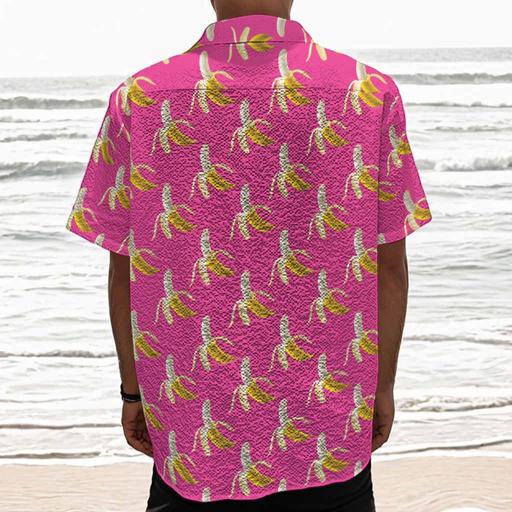 Pink Banana Pattern Print Textured Short Sleeve Shirt