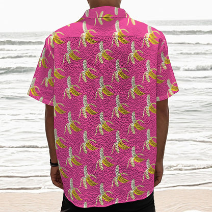 Pink Banana Pattern Print Textured Short Sleeve Shirt