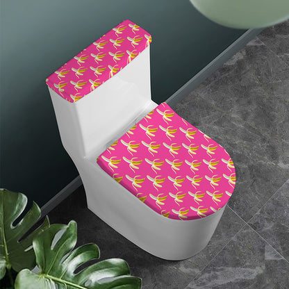 Pink Banana Pattern Print Toilet Lid And Tank Cover Set