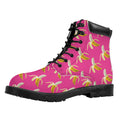 Pink Banana Pattern Print Padded Collar Lace Up Boots