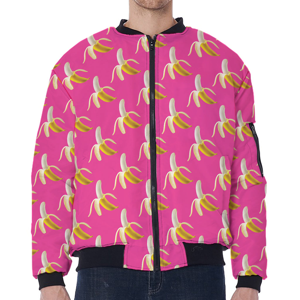 Pink Banana Pattern Print Zip Sleeve Bomber Jacket