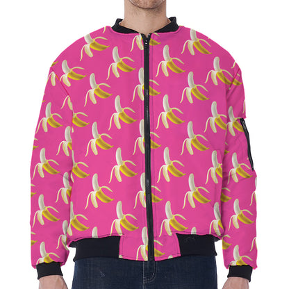 Pink Banana Pattern Print Zip Sleeve Bomber Jacket
