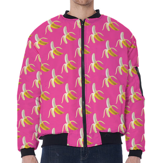 Pink Banana Pattern Print Zip Sleeve Bomber Jacket
